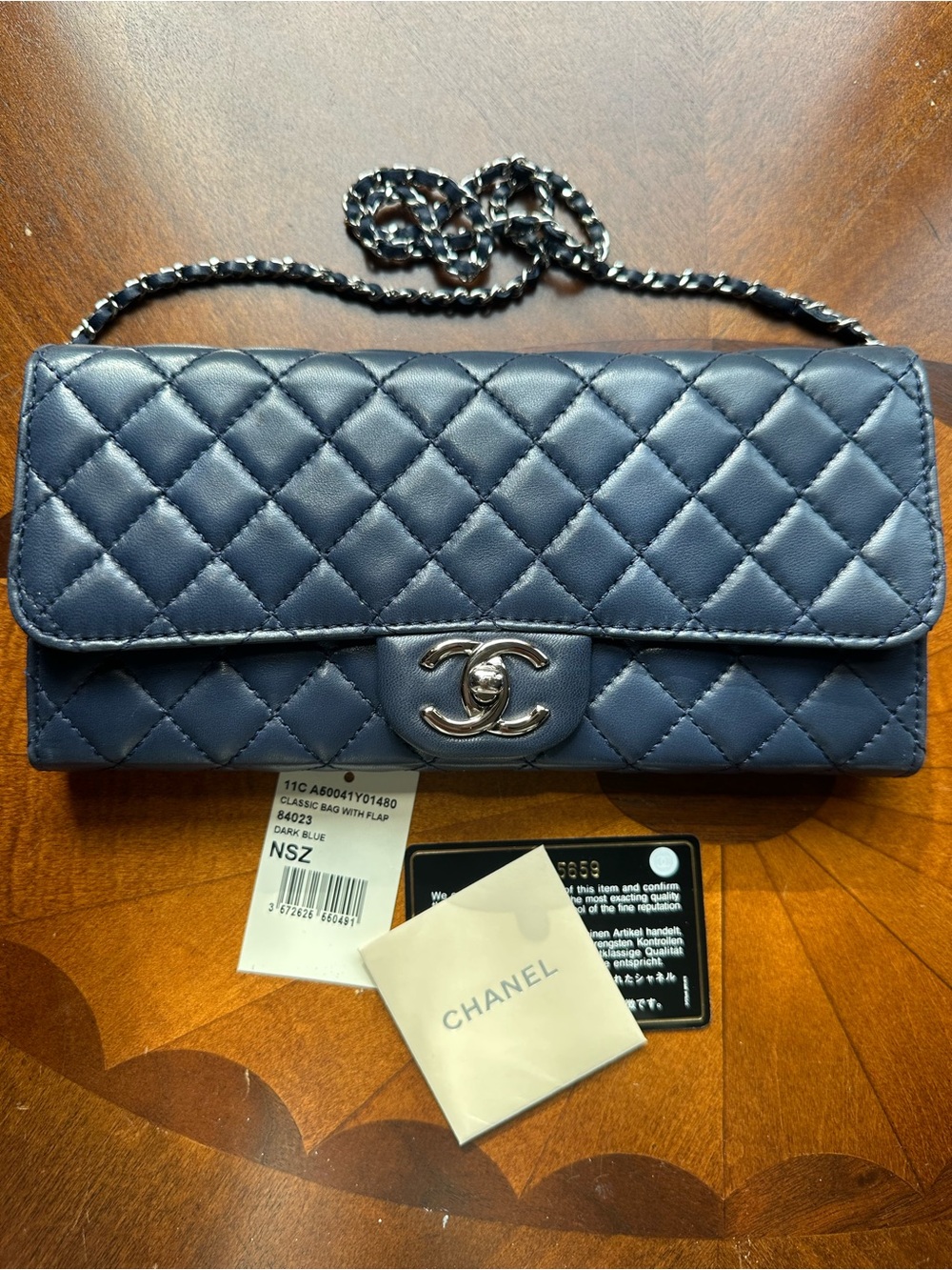 CHANEL 11C rare Dark Blue Lambskin Large Flap WOC A50041 84023 Silver